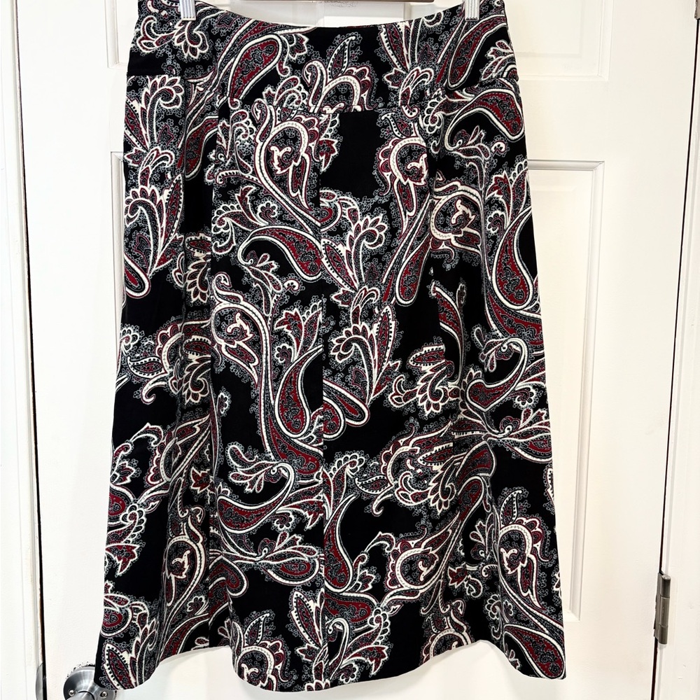 Christopher & Banks Paisley A-Line Midi Skirt Black Red Stretch Office Sz 14 - Picture 4 of 11
